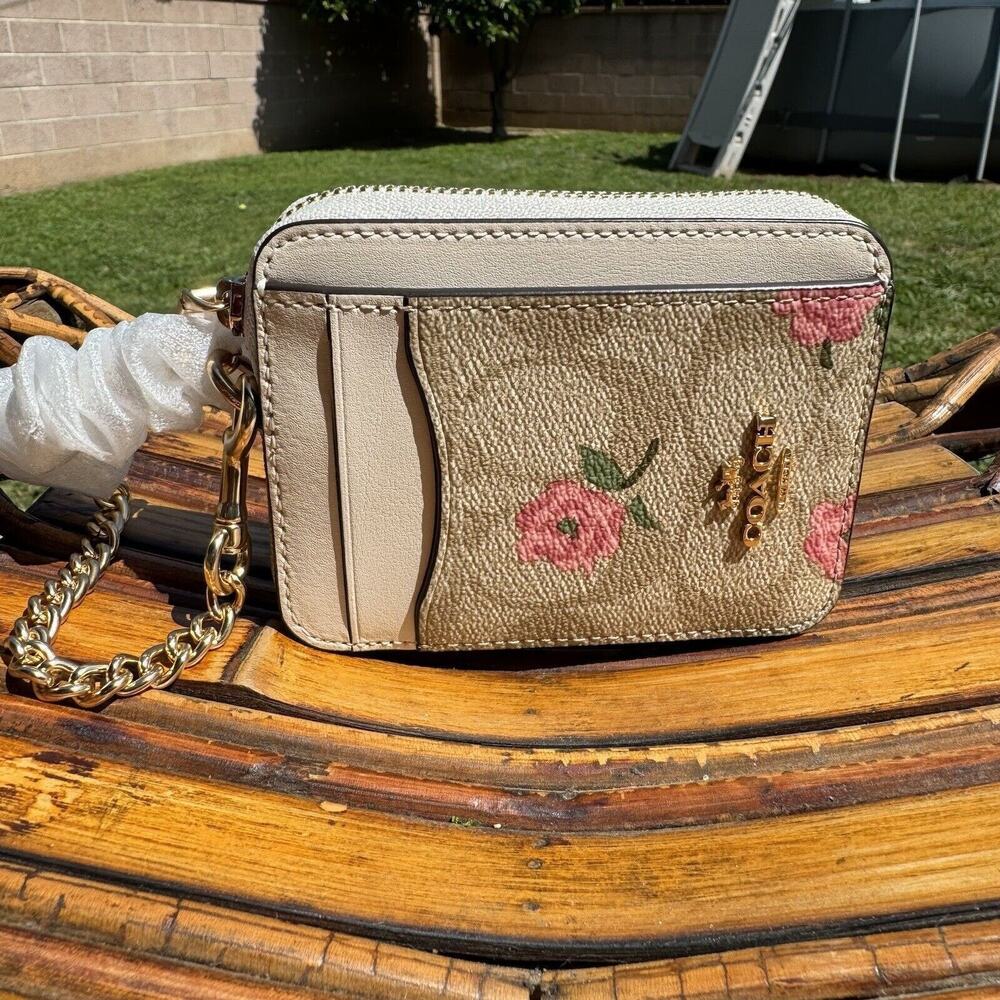 Coach Zip Card Case Gold Signature Canvas Beige Pink With Floral Print CR971